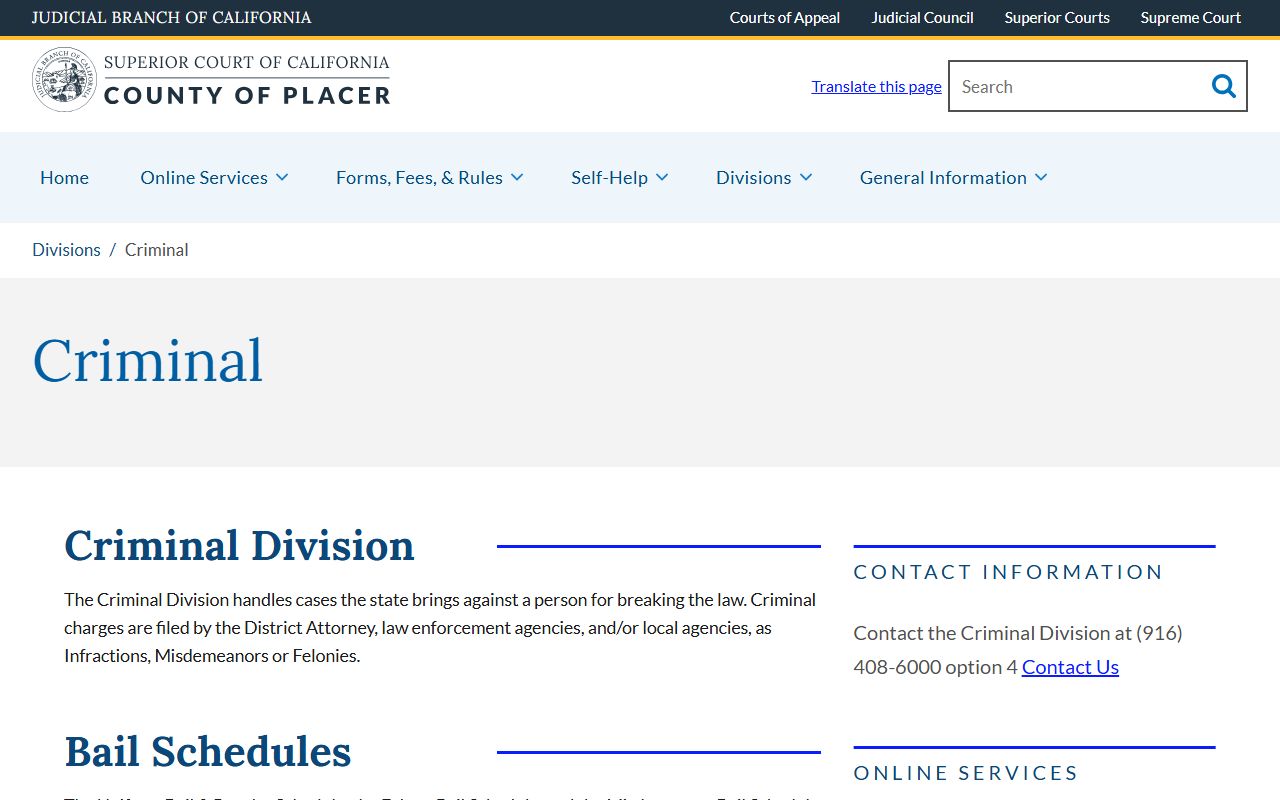 Placer County court records criminal division page