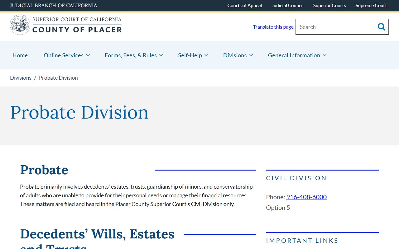 Placer County probate records division page showing case types and self-help links