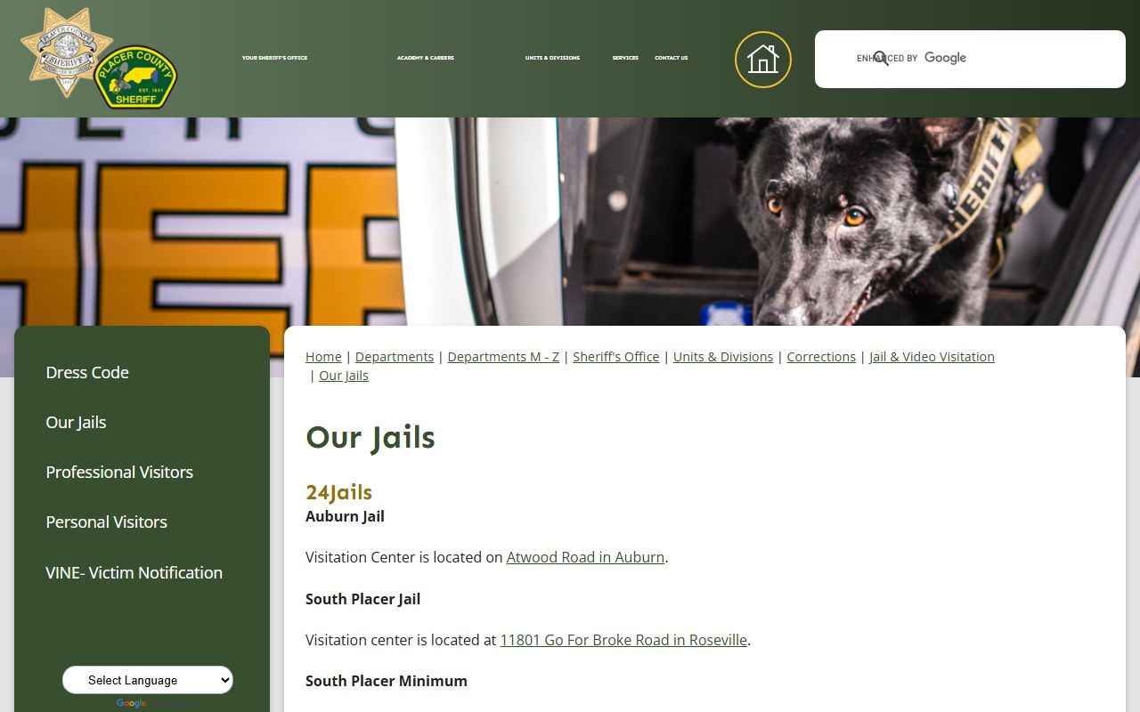 Placer County Sheriff Our Jails page with inmate population and roster links