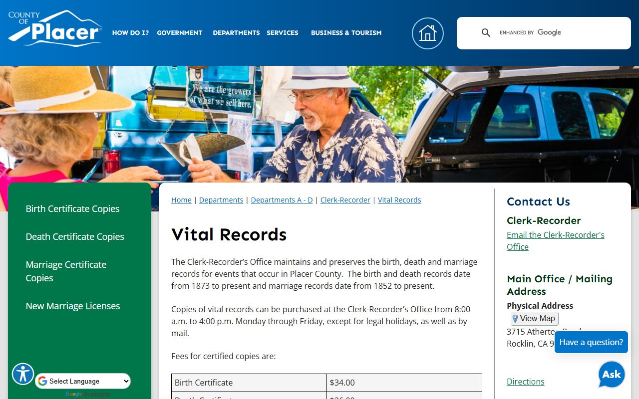 Placer County court records vital records page with fees and date ranges