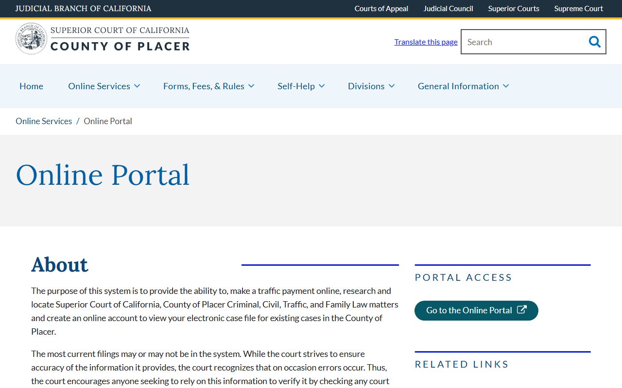Placer County court records online portal page