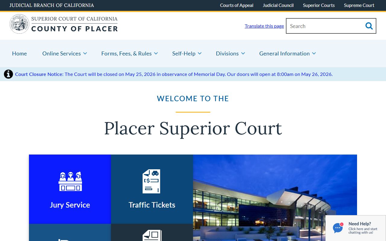 Placer County court records home page for the Superior Court of California