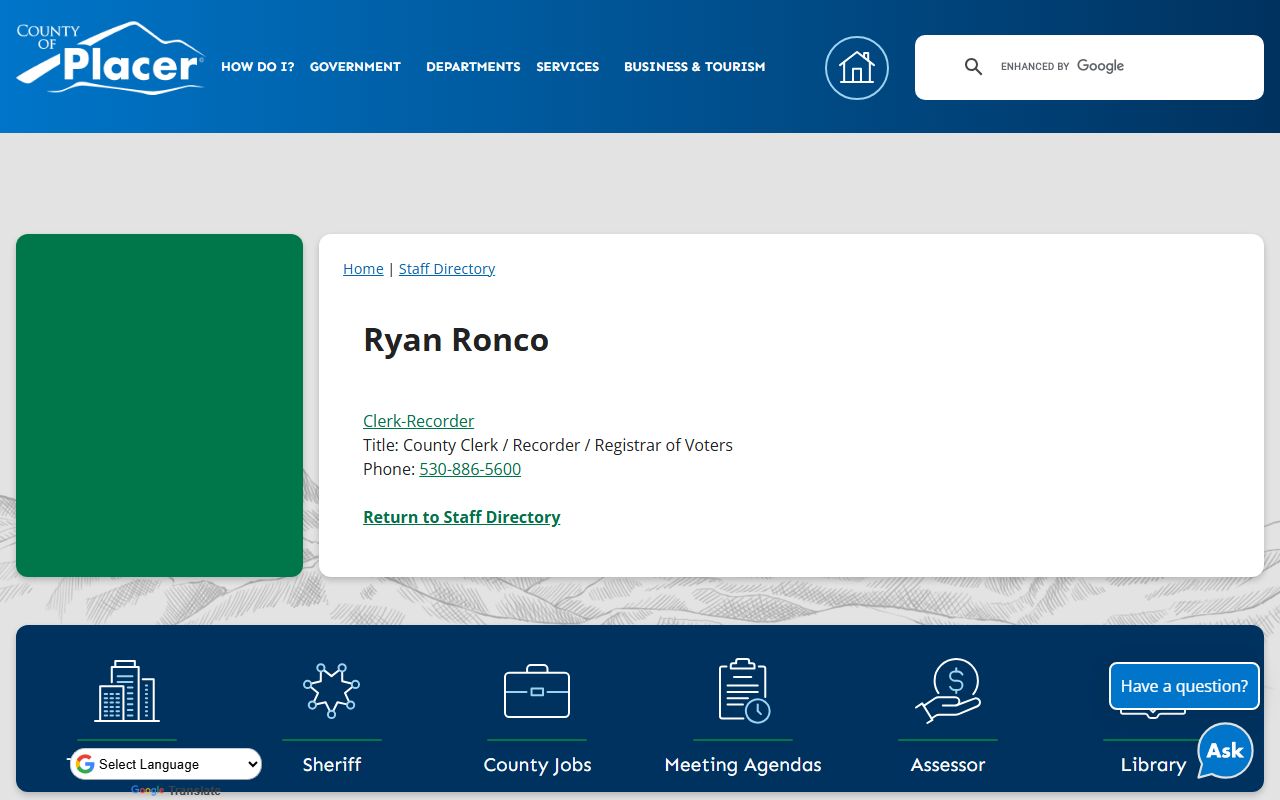 Placer County Clerk-Recorder staff directory entry for Ryan Ronco