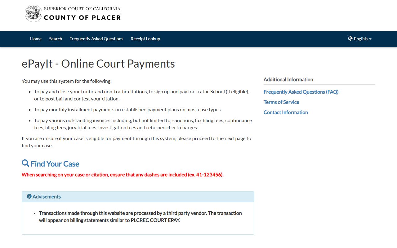 Placer County traffic court records payment portal screen for ticket payments