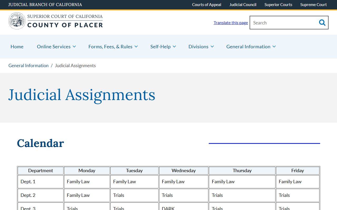 Placer County court records judicial assignments page