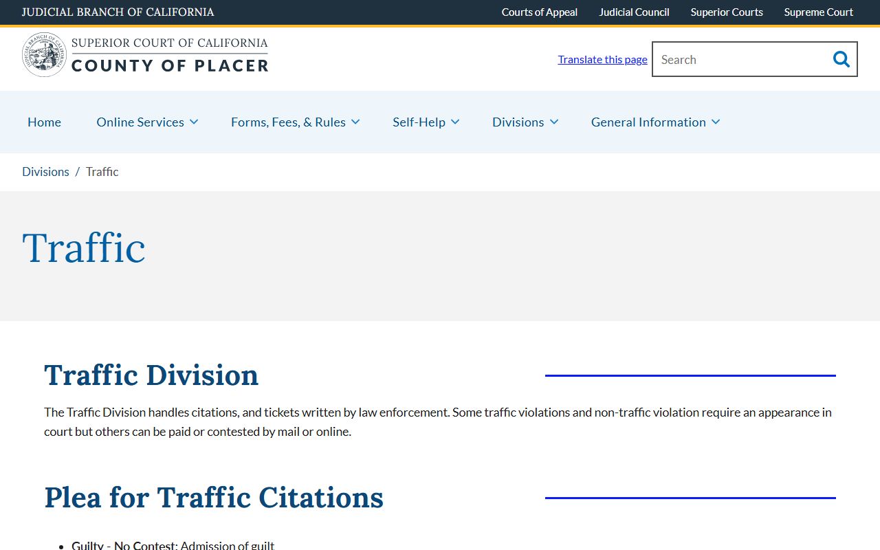 Placer County traffic court records division page from the Superior Court website