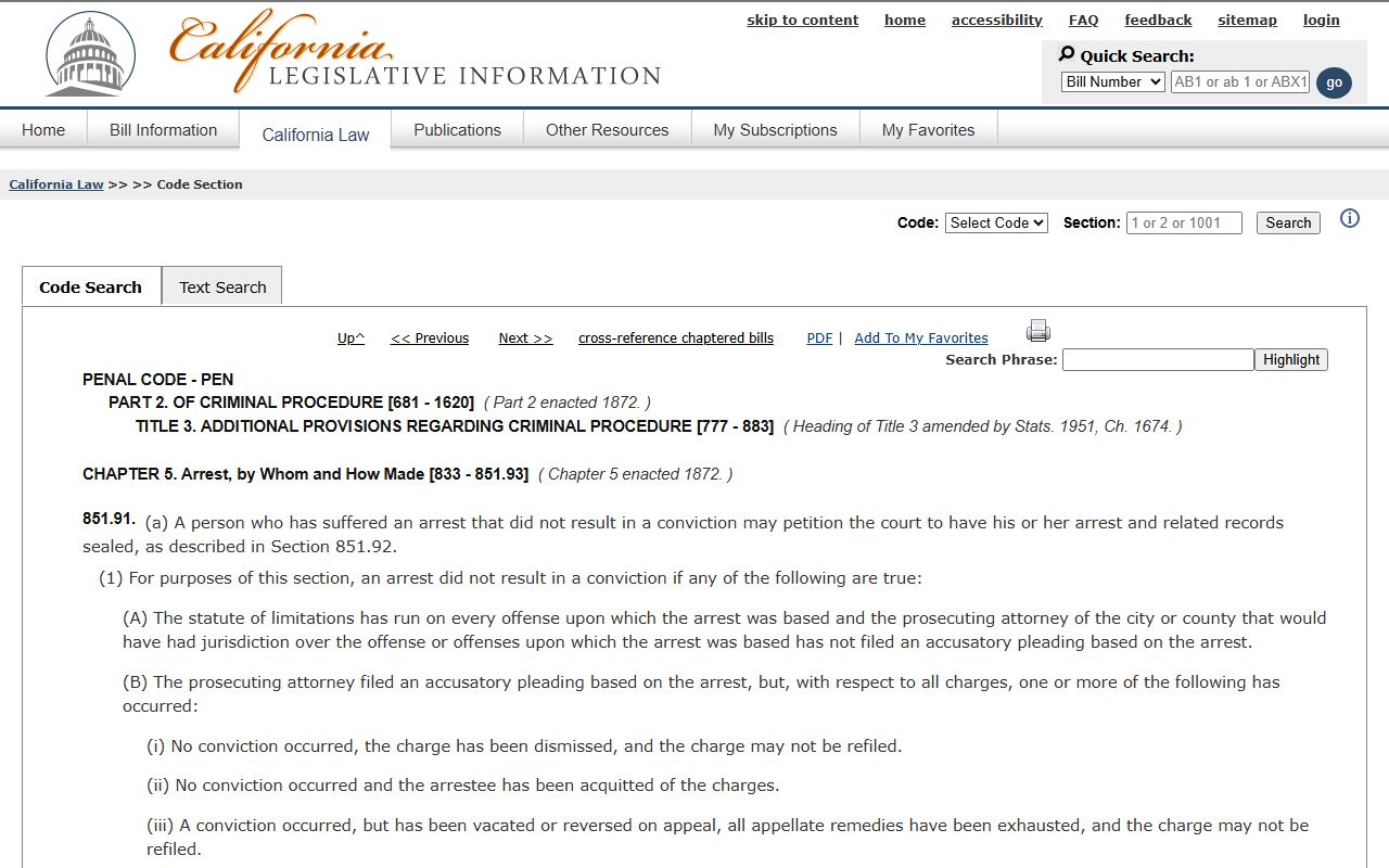 California Penal Code 851.91 arrest record sealing statute