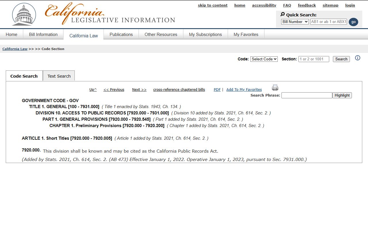 California Government Code 7920.000 page used for Placer County public records requests