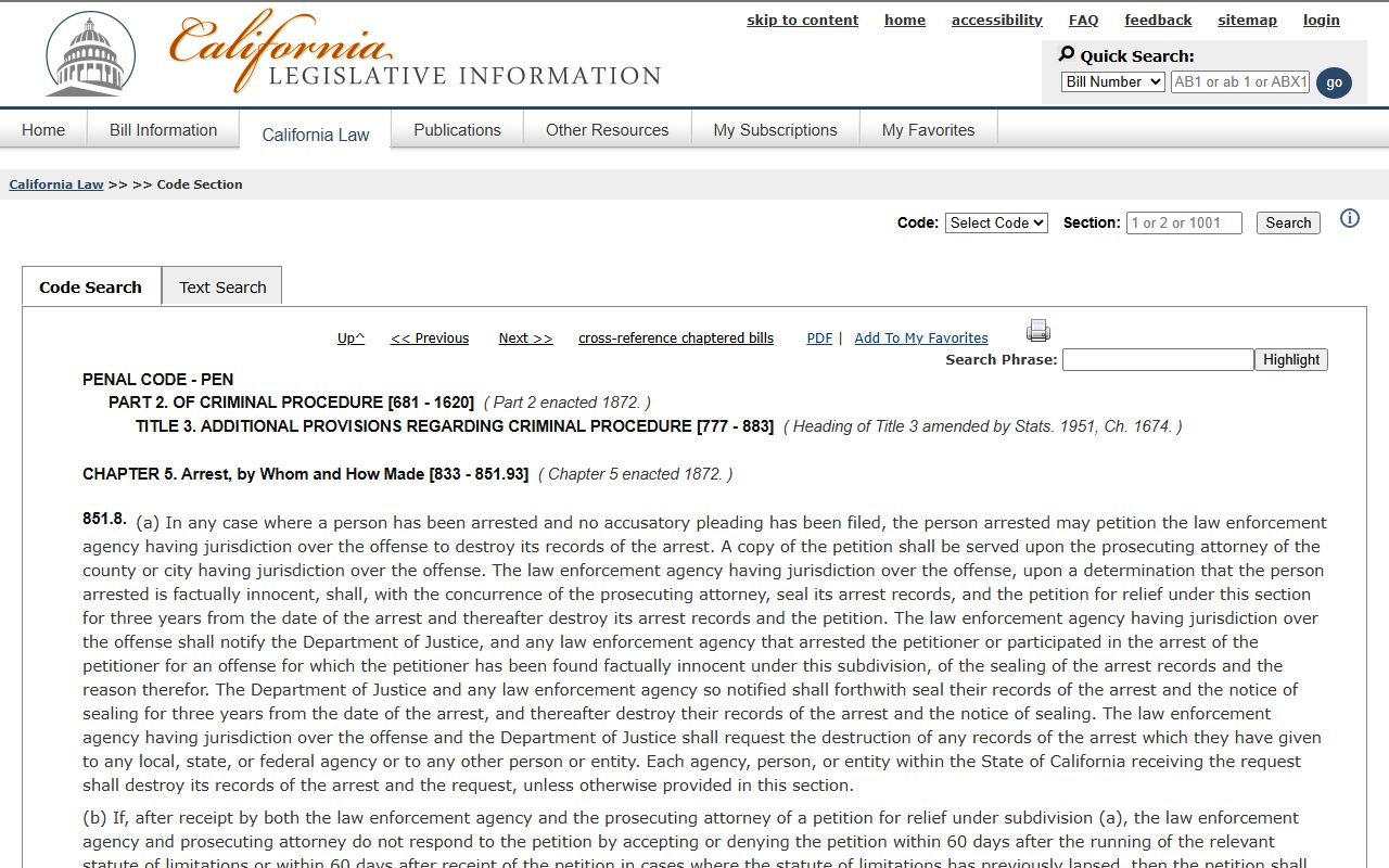 Placer County warrant records reference: California Penal Code section 851.8 on factual innocence findings