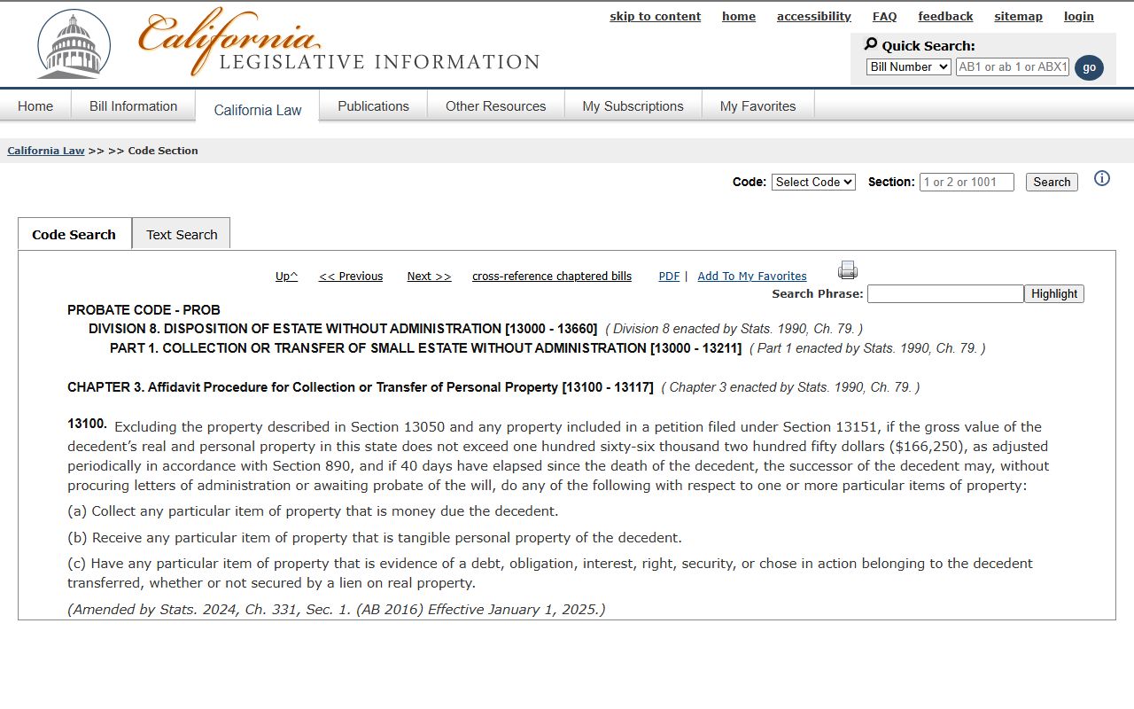 California Probate Code section 13100 small estate affidavit Placer County probate records reference