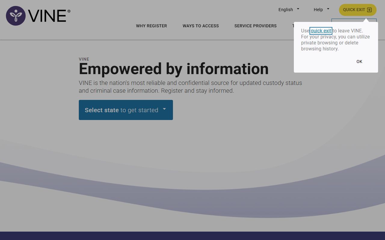 VINELink victim notification homepage for Placer County released inmates alerts